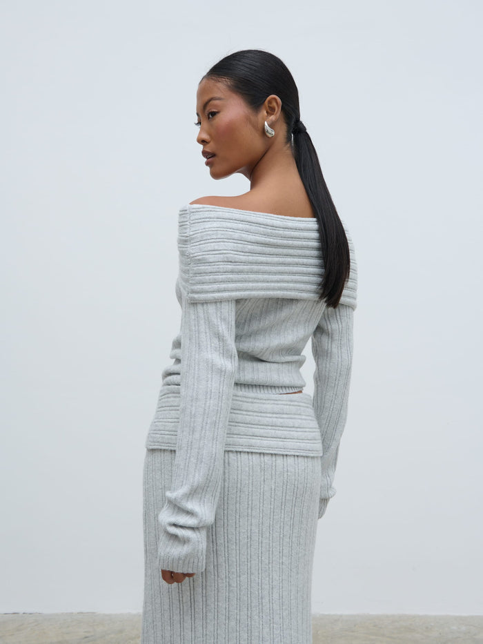 Elle Is 5'3" & Wears Size UK XS|Petra Bardot Cosy Rib Knit Jumper - Grey Marl