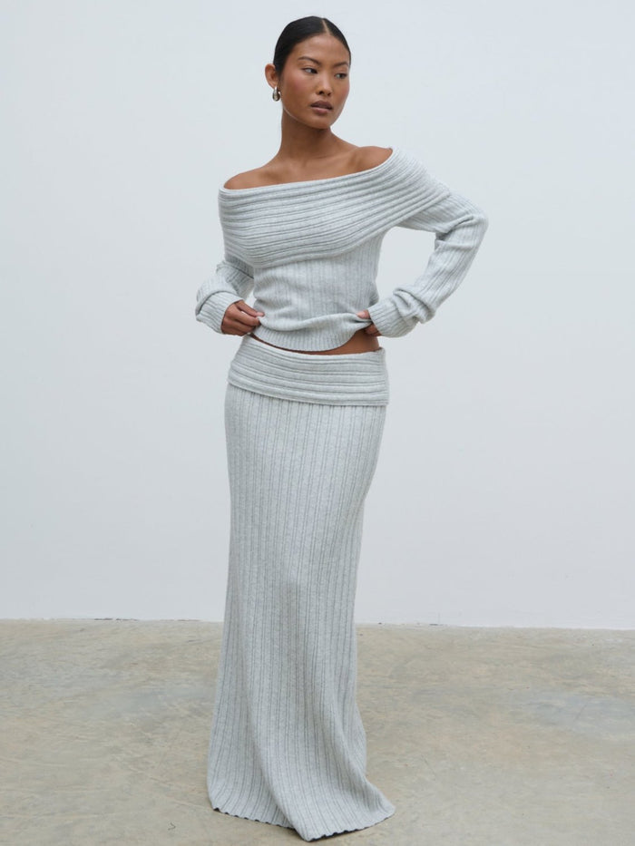 Elle Is 5'3" & Wears Size UK XS|Petra Cosy Rib Knit Maxi Skirt - Grey Marl