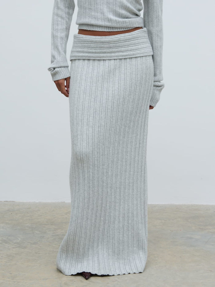 Elle Is 5'3" & Wears Size UK XS|Petra Cosy Rib Knit Maxi Skirt - Grey Marl