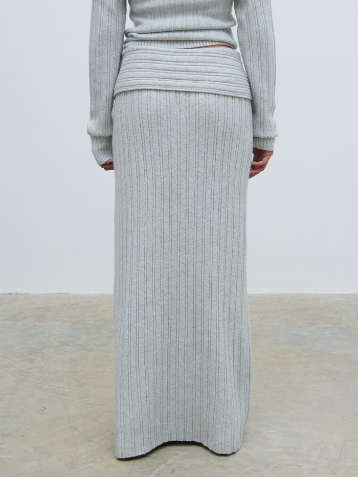 Elle Is 5'3" & Wears Size UK XS|Petra Cosy Rib Knit Maxi Skirt - Grey Marl