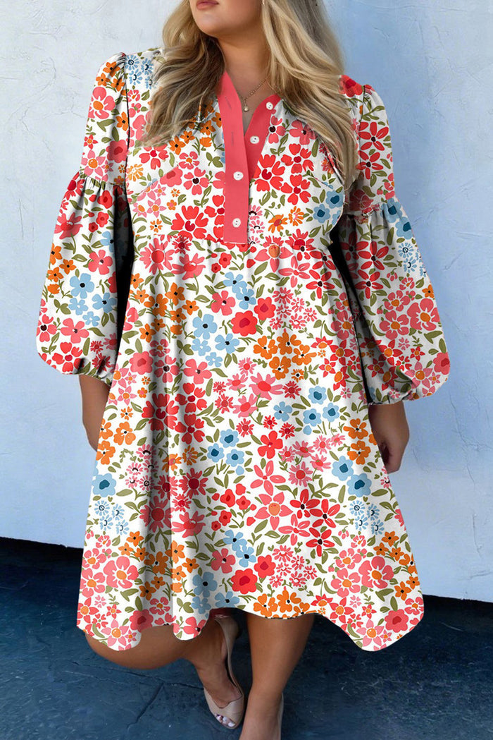 Pink Plus Size Button V Neck Leopard Print Puff Sleeve Loose Mini Dress
