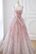 Pink tulle beads long prom dress A line evening dress