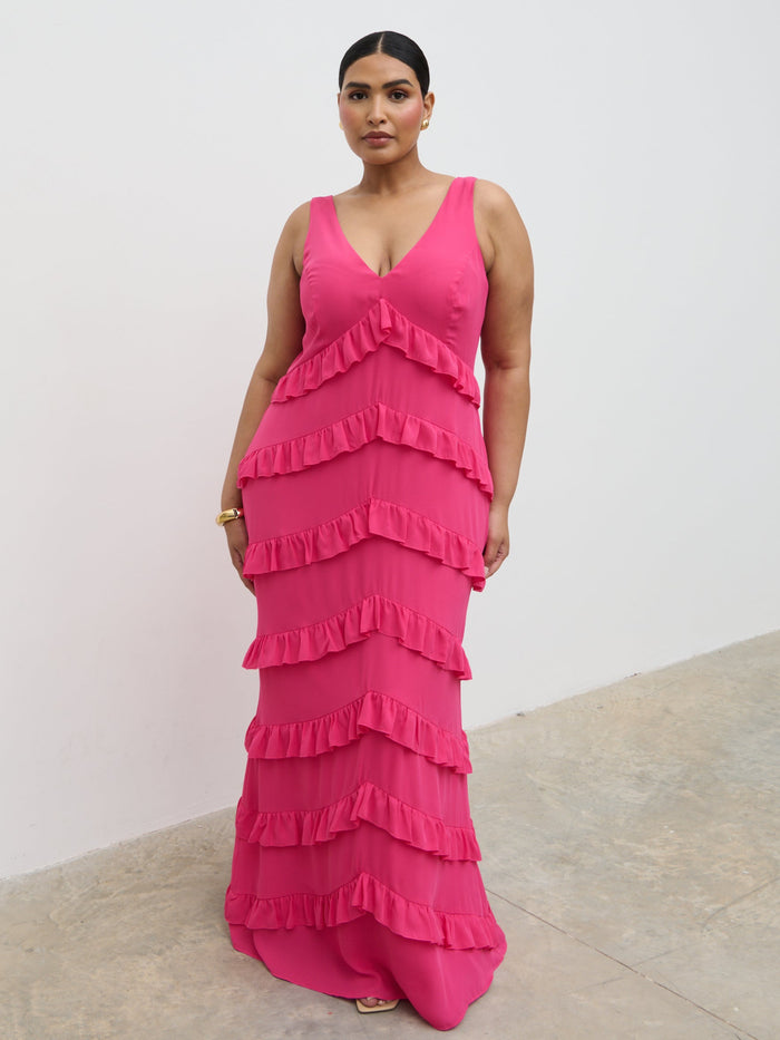 Souki Is 5'8" & Wears Size UK 18|Piper Ruffle Maxi Dress Curve - Fuchsia