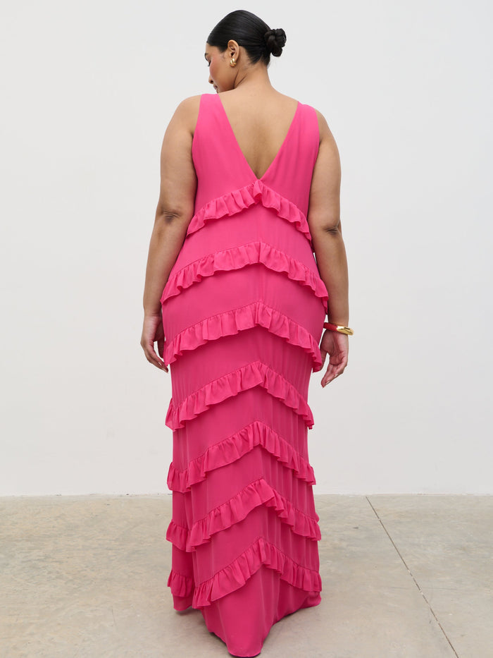 Souki Is 5'8" & Wears Size UK 18|Piper Ruffle Maxi Dress Curve - Fuchsia