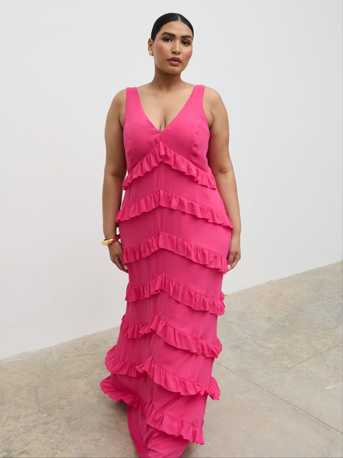 Souki Is 5'8" & Wears Size UK 18|Piper Ruffle Maxi Dress Curve - Fuchsia