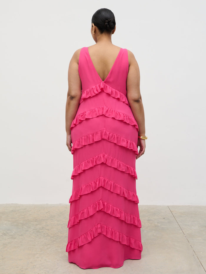 Souki Is 5'8" & Wears Size UK 18|Piper Ruffle Maxi Dress Curve - Fuchsia