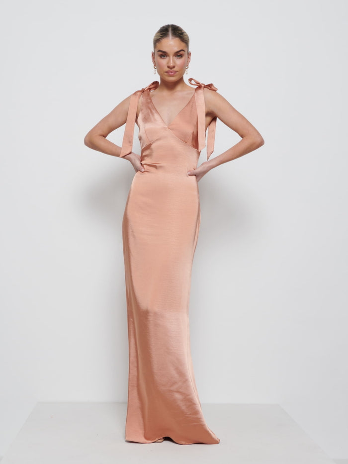 Taylor Is 5'9" & Wears Size UK 8|Piper Tie Maxi Bridesmaid Dress - Cinnamon