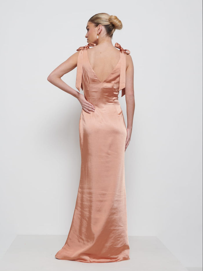 Taylor Is 5'9" & Wears Size UK 8|Piper Tie Maxi Bridesmaid Dress - Cinnamon