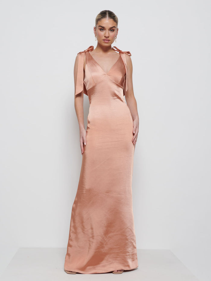 Taylor Is 5'9" & Wears Size UK 8|Piper Tie Maxi Bridesmaid Dress - Cinnamon