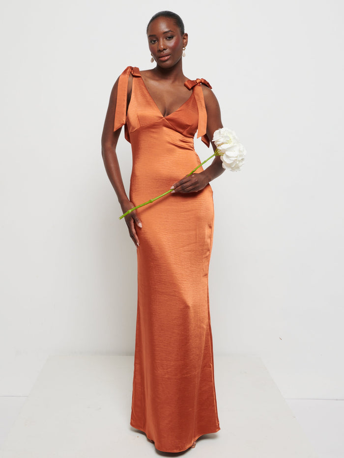 Aurelia is 5'9" & Wears Size UK 8|Piper Tie Maxi Bridesmaid Dress - Copper