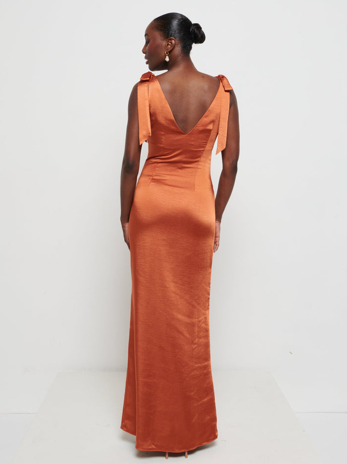 Aurelia is 5'9" & Wears Size UK 8|Piper Tie Maxi Bridesmaid Dress - Copper