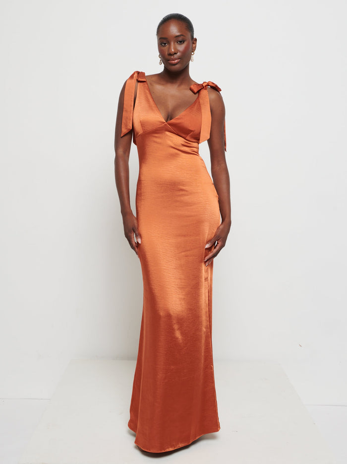 Aurelia is 5'9" & Wears Size UK 8|Piper Tie Maxi Bridesmaid Dress - Copper