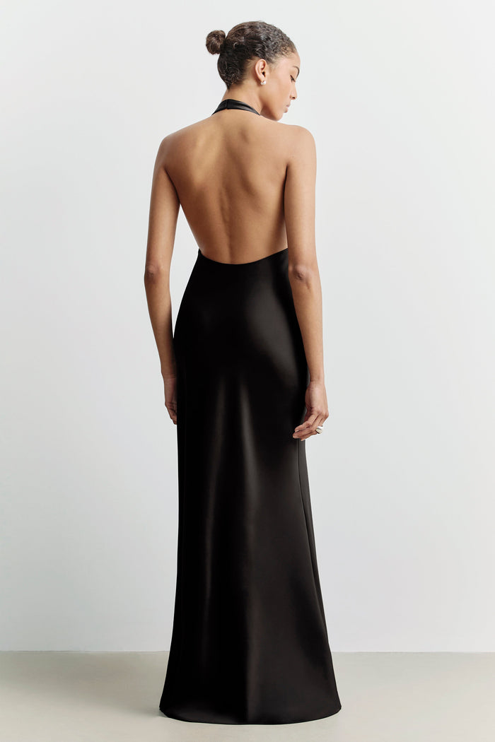 Plunging Knot Detail Gown with Fringing - Black
