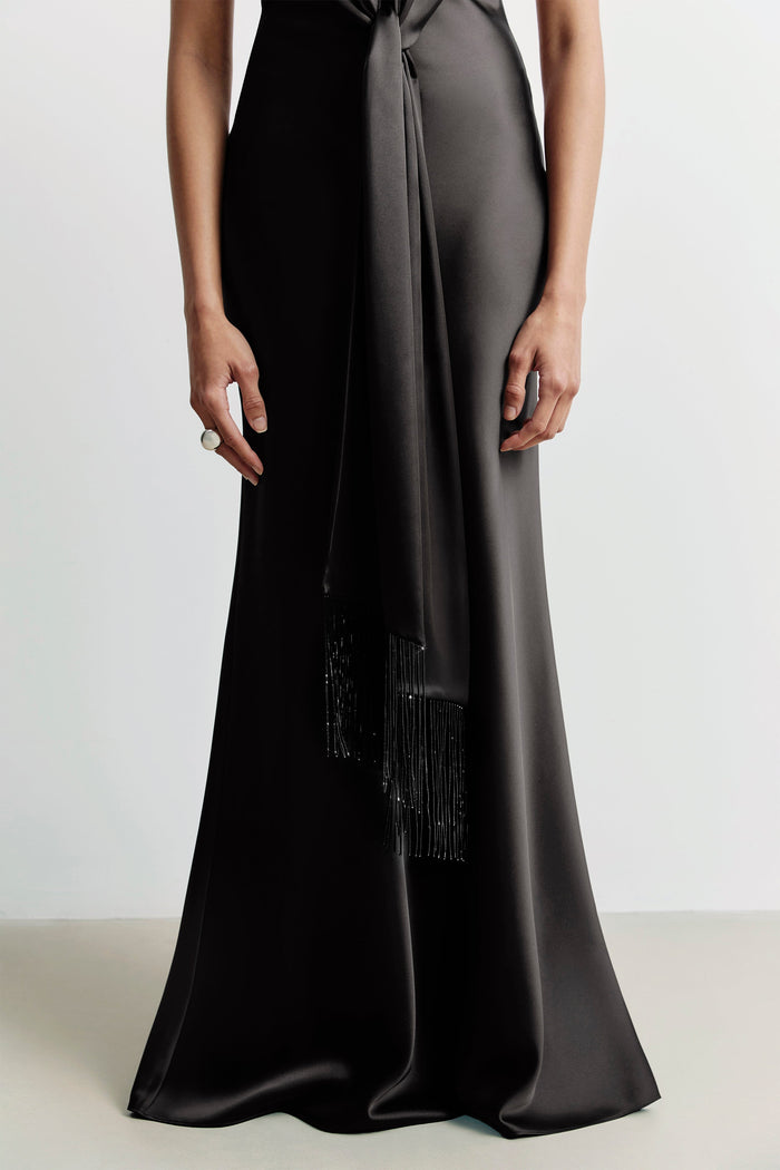Plunging Knot Detail Gown with Fringing - Black