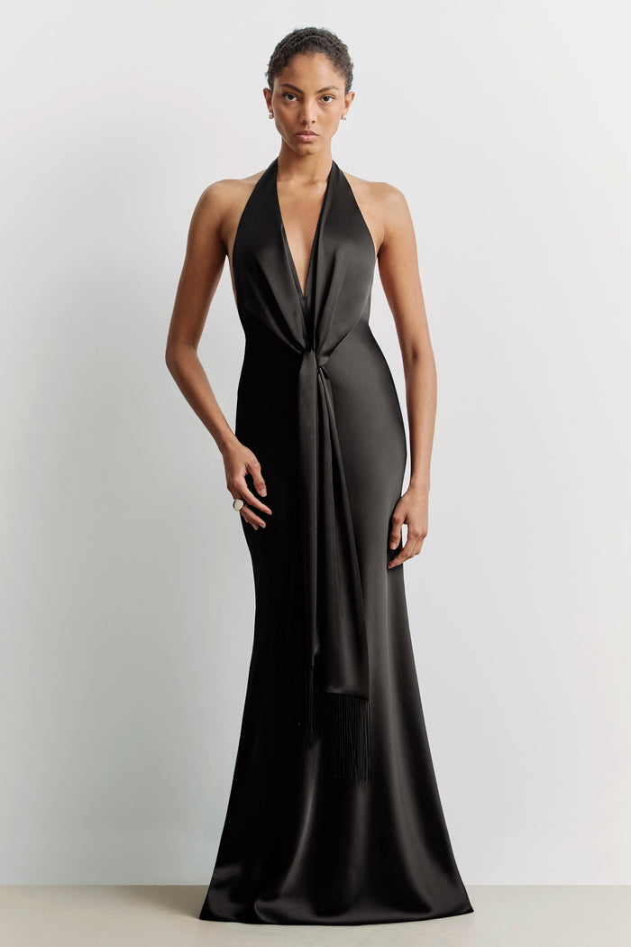 Plunging Knot Detail Gown with Fringing - Black