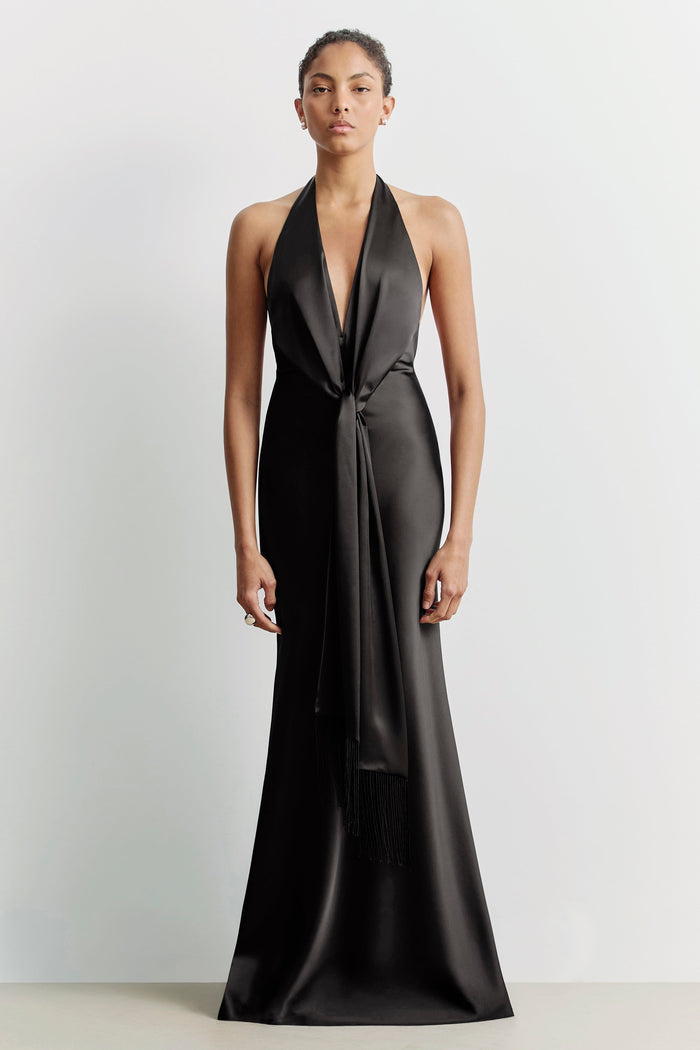 Plunging Knot Detail Gown with Fringing - Black