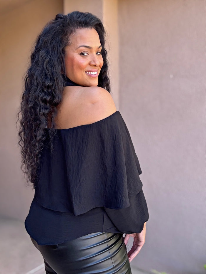 PLUS -Prestige Layered Off-Shoulder Collar Top Black image 1