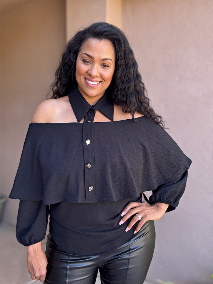 PLUS -Prestige Layered Off-Shoulder Collar Top Black image 2