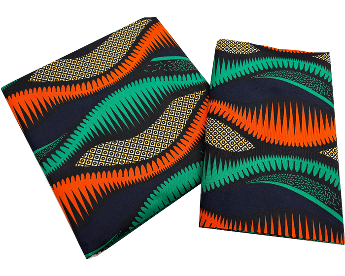 Polyester African Ankara Print-Green Navy Orange.