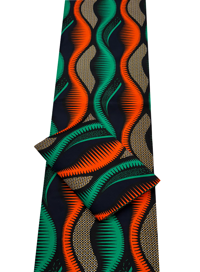 Polyester African Ankara Print-Green Navy Orange.