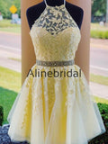 Popular Pretty A-line Lace Appliques Yellow Homecoming Dresses, HD106