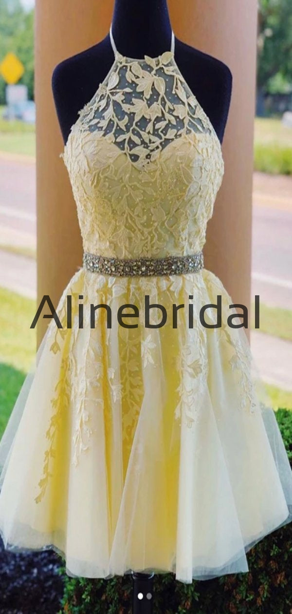 Popular Pretty A-line Lace Appliques Yellow Homecoming Dresses, HD106
