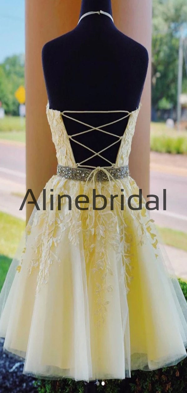 Popular Pretty A-line Lace Appliques Yellow Homecoming Dresses, HD106