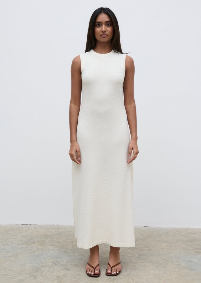 Sachi Is 5'7" & Wears Size UK S|Portia Shift Knit Midaxi Dress - Cream