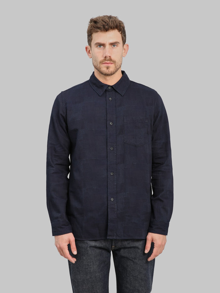 Pure Blue Japan 2239ID Jacquard Boro Patchwork Double Indigo Shirt front look