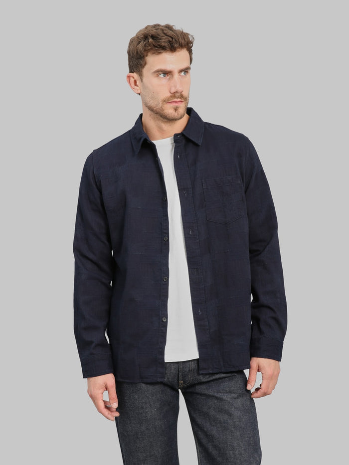 Pure Blue Japan 2239ID Jacquard Boro Patchwork Double Indigo Shirt styled