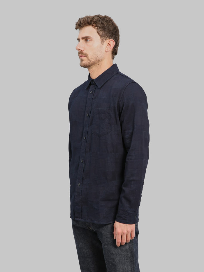 Pure Blue Japan 2239ID Jacquard Boro Patchwork Double Indigo Shirt side look