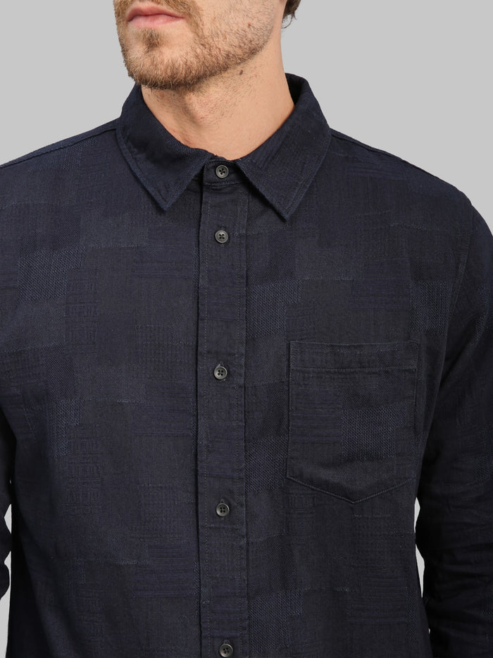 Pure Blue Japan 2239ID Jacquard Boro Patchwork Double Indigo Shirt chest