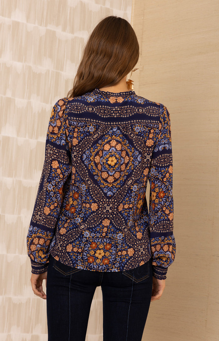 Raina Silk Top, color-Navy