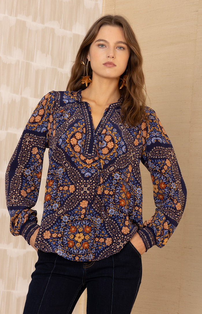 Raina Silk Top, color-Navy