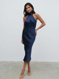 Lygia Is 5'9" & Wears Size UK 8|Raleigh Cowl Back Dress - Midnight Navy