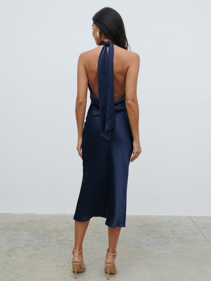 Lygia Is 5'9" & Wears Size UK 8|Raleigh Cowl Back Dress - Midnight Navy