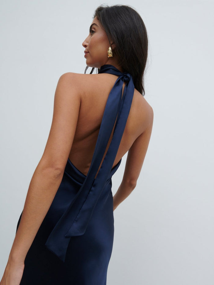 Lygia Is 5'9" & Wears Size UK 8|Raleigh Cowl Back Dress - Midnight Navy