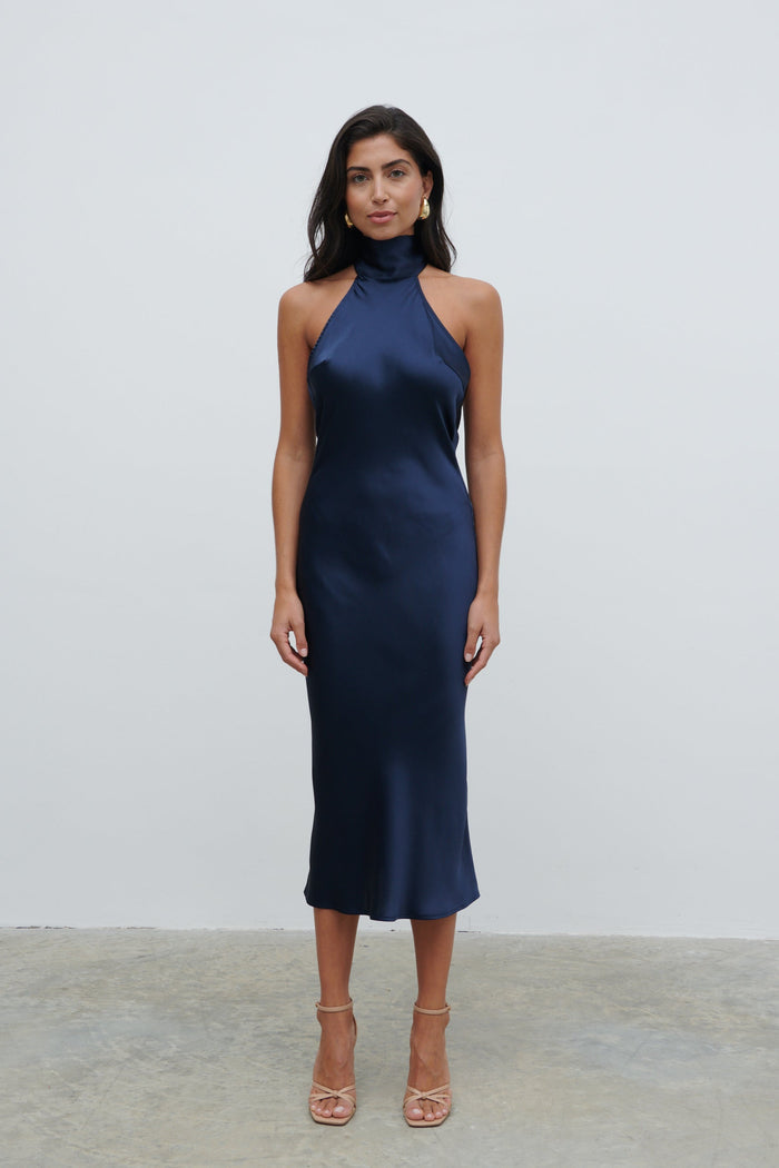 Lygia Is 5'9" & Wears Size UK 8|Raleigh Cowl Back Dress - Midnight Navy
