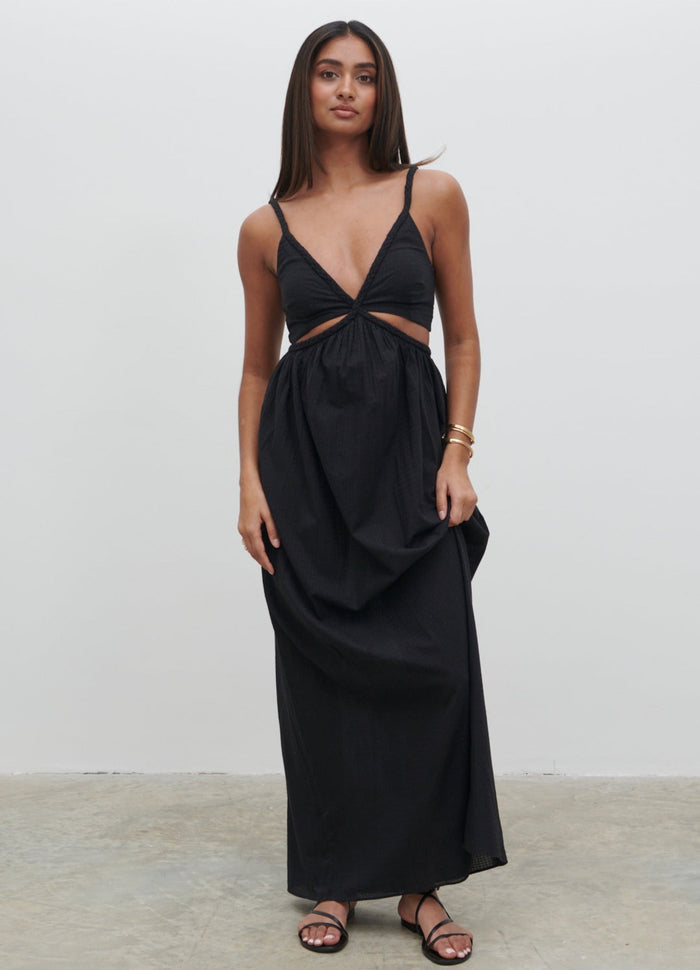 Sachi Is 5’7” & Wears Size UK 8|Ramona Cut Out Maxi Dress - Black