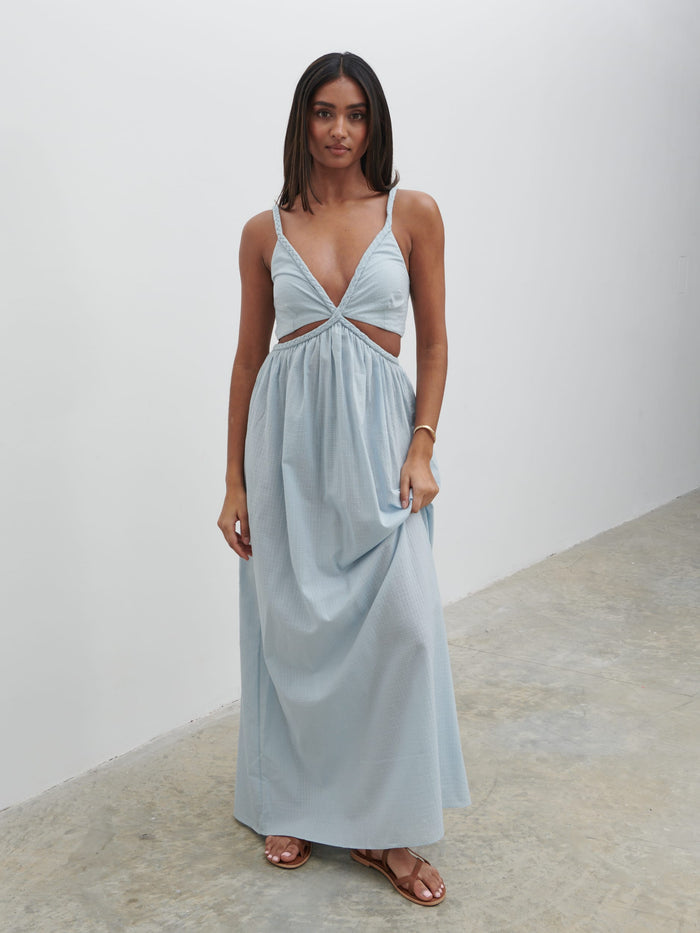 Sachi Is 5’7” & Wears Size UK 8|Ramona Cut Out Maxi Dress - Powder Blue
