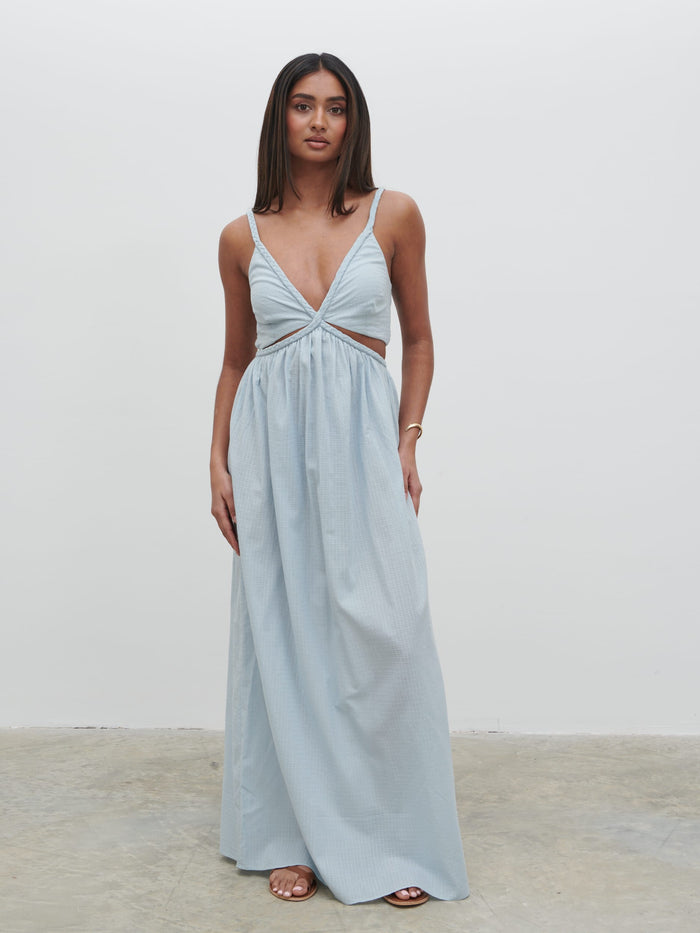 Sachi Is 5’7” & Wears Size UK 8|Ramona Cut Out Maxi Dress - Powder Blue