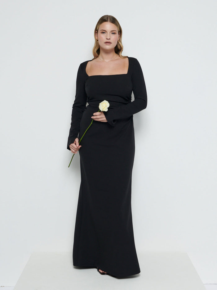 Theo Is 5'8.5" & Wears Size UK 12|Reagan Square Neck Crepe Maxi Bridesmaid Dress - Black