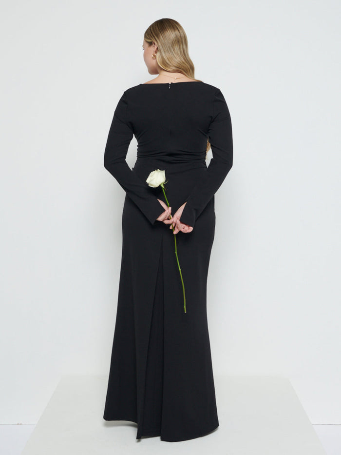 Theo Is 5'8.5" & Wears Size UK 12|Reagan Square Neck Crepe Maxi Bridesmaid Dress - Black