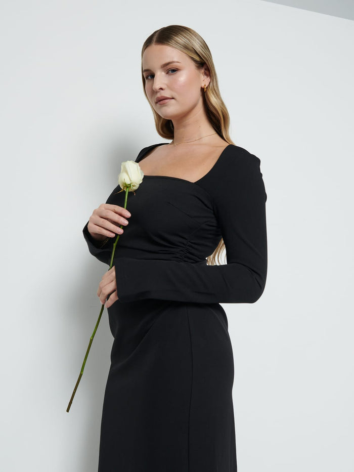 Theo Is 5'8.5" & Wears Size UK 12|Reagan Square Neck Crepe Maxi Bridesmaid Dress - Black