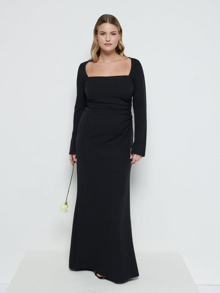 Theo Is 5'8.5" & Wears Size UK 12|Reagan Square Neck Crepe Maxi Bridesmaid Dress - Black