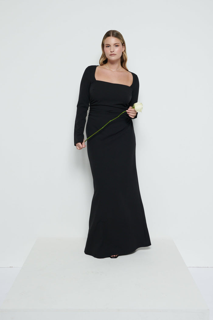 Theo Is 5'8.5" & Wears Size UK 12|Reagan Square Neck Crepe Maxi Bridesmaid Dress - Black