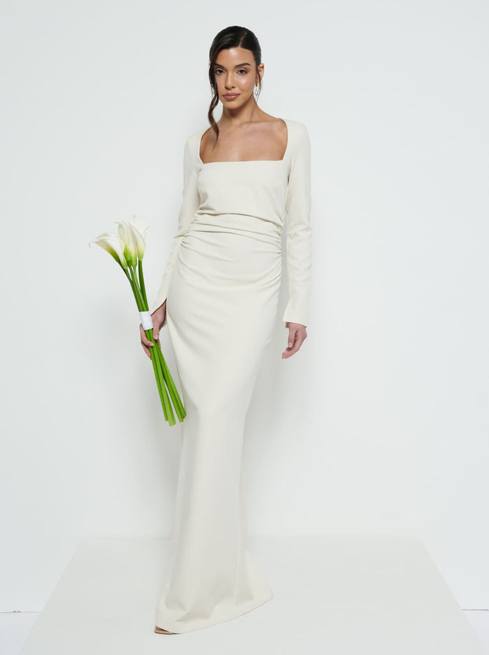 Marina Is 5'7.5" & Wears Size UK 8|Reagan Square Neck Crepe Maxi Bridesmaid Dress - Champagne