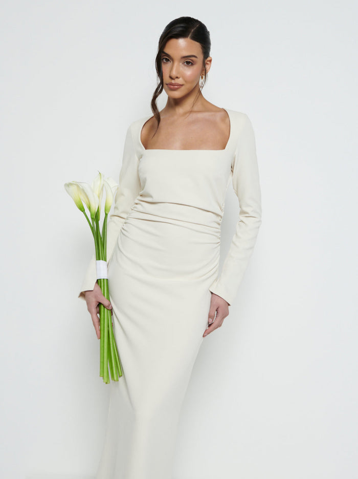 Marina Is 5'7.5" & Wears Size UK 8|Reagan Square Neck Crepe Maxi Bridesmaid Dress - Champagne