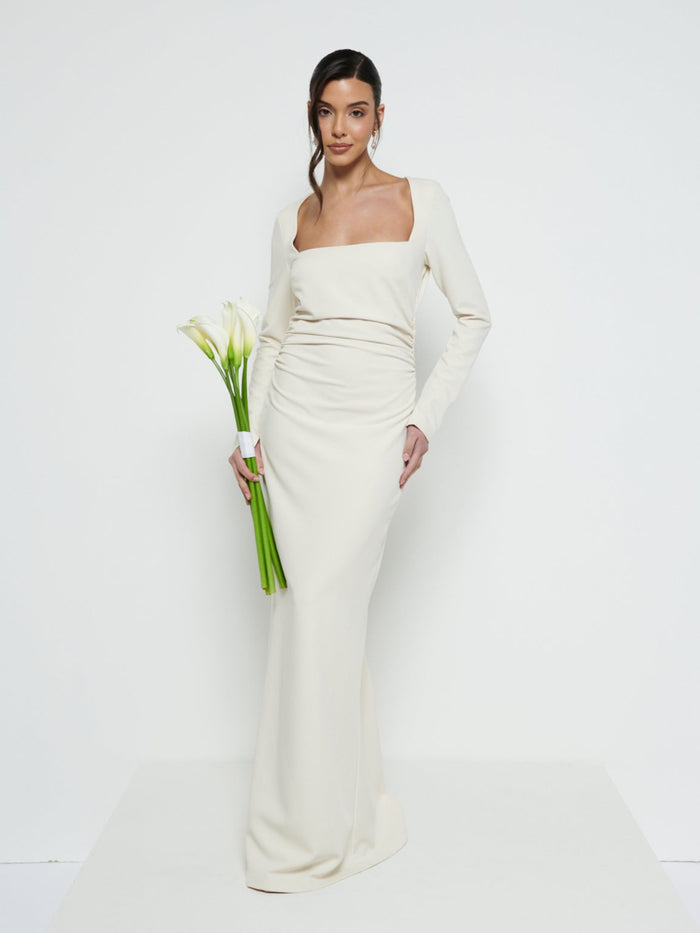 Marina Is 5'7.5" & Wears Size UK 8|Reagan Square Neck Crepe Maxi Bridesmaid Dress - Champagne