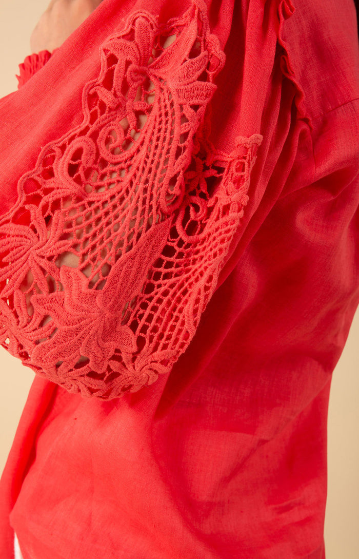 Reese Solid Linen Top, color_coral